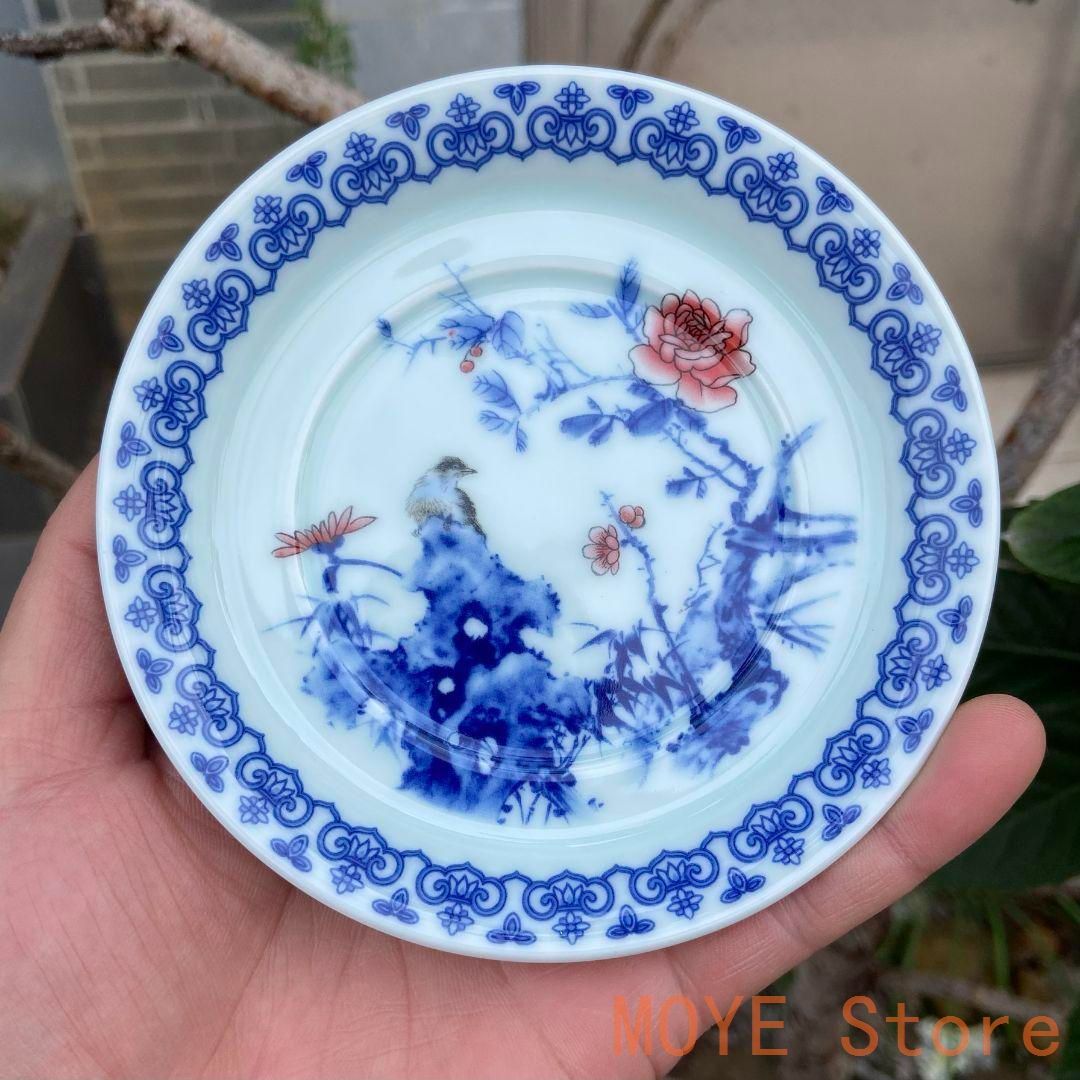 中国茶器 景徳鎮 陶磁器 青花馬蹄三才蓋碗 喜上眉梢 茶碗 煎茶器