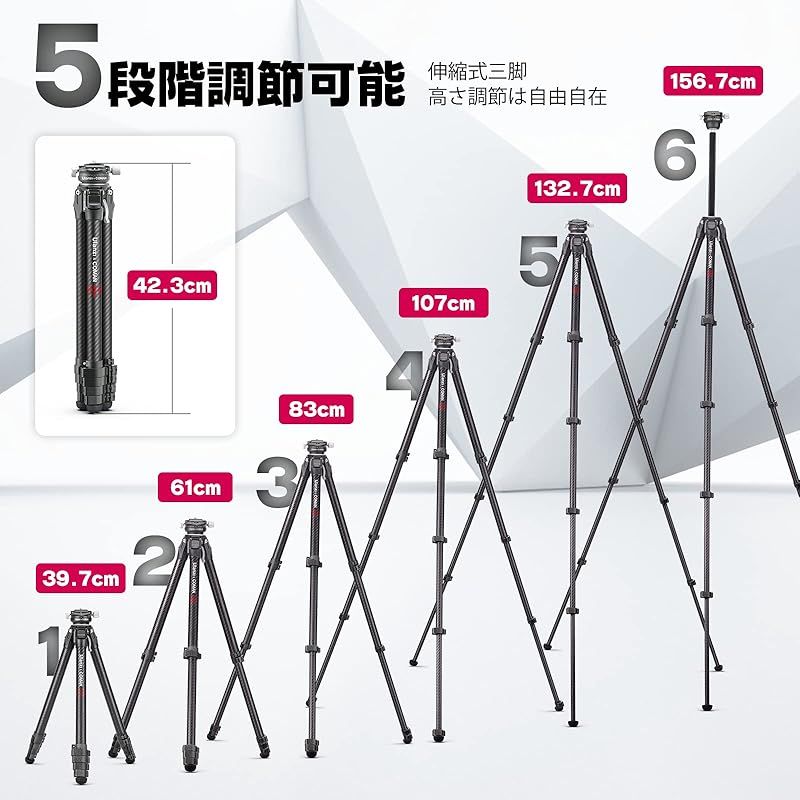 Ulanzi ZERO Y カメラ三脚 カーボン三脚 軽量 ポータブル 5段階伸縮
