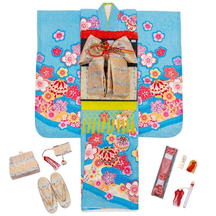 七五三 着物 7歳 フルセット 正絹 青 ブルー 四つ身 絞り柄 桜 毬 花柄