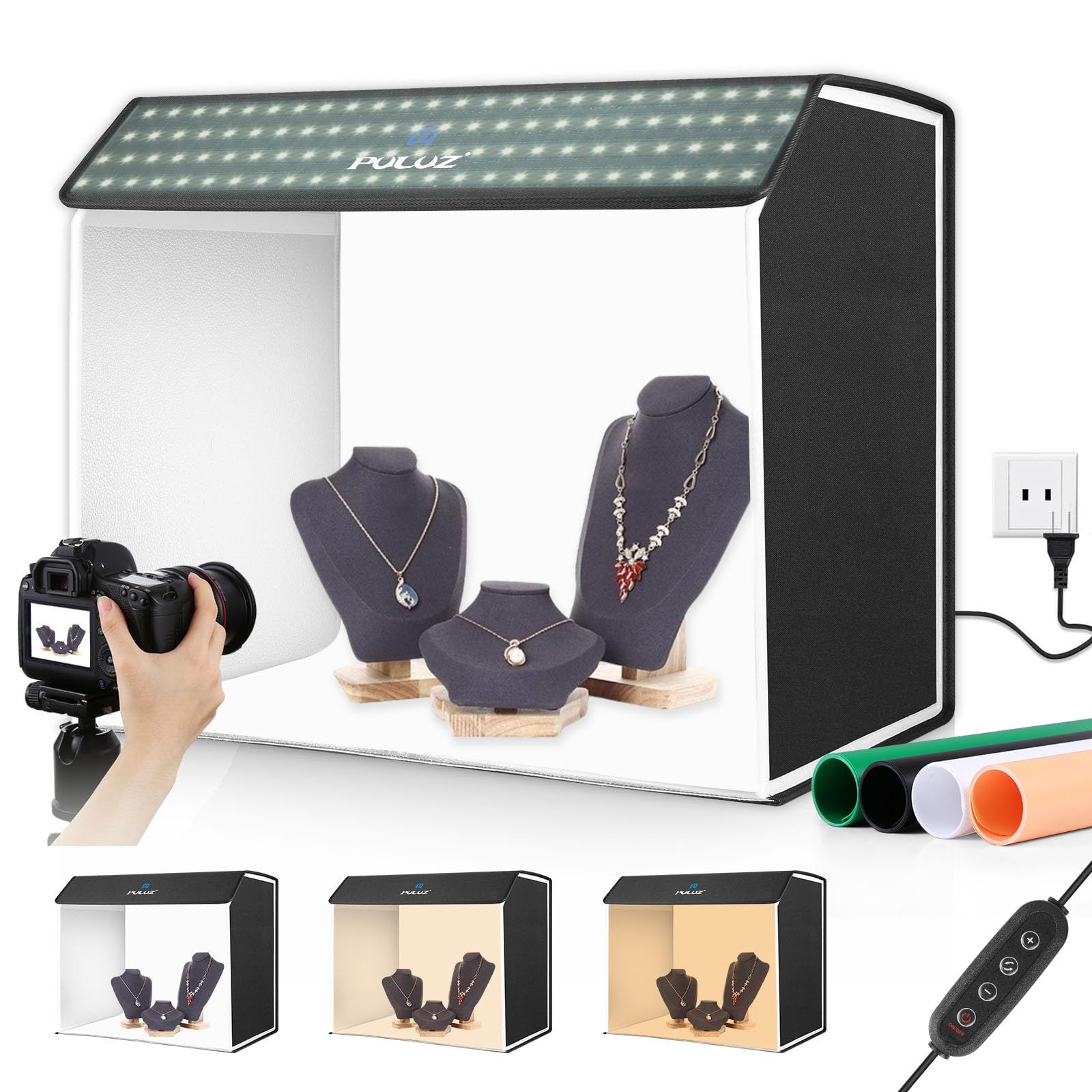 お買い得特価商品。 PULUZ 撮影ボックス 60×50×40cm 撮影ブース 折り畳み 物撮りセット 672個LEDビーズ 超高輝度 3色温度 無段階調光 4色PVC背景 ディフューザー付き 卓上写真撮影キット 物撮り用ボックス プラモデル 撮影ブース 携帯便利-組立簡単 条件付き送料無料。