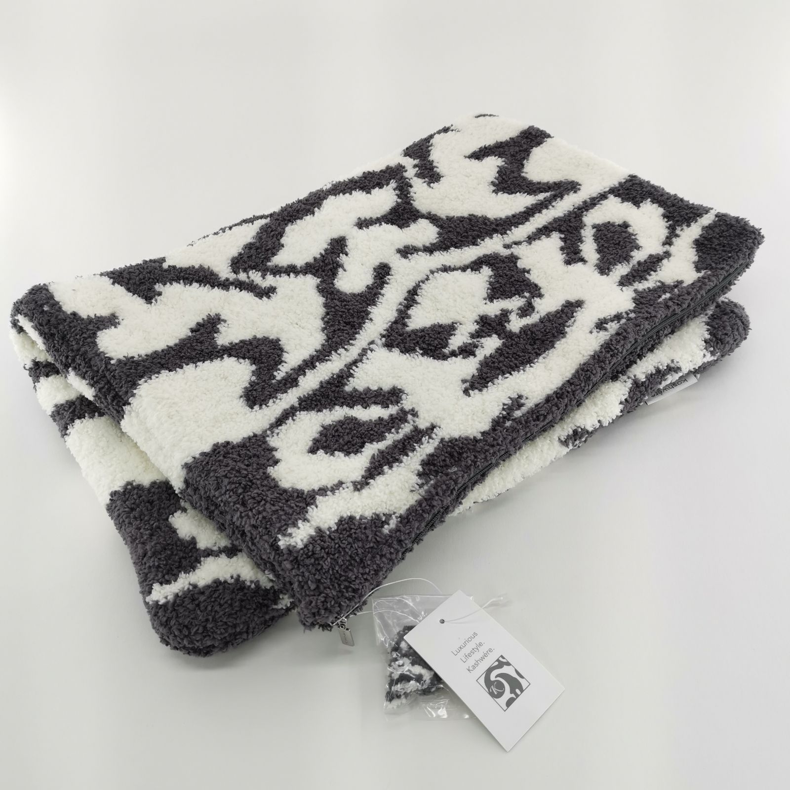 カシウエア KASHWERE ピローケース 枕カバー 外寸約横63cm×縦40cm ダマスク グレー 13935