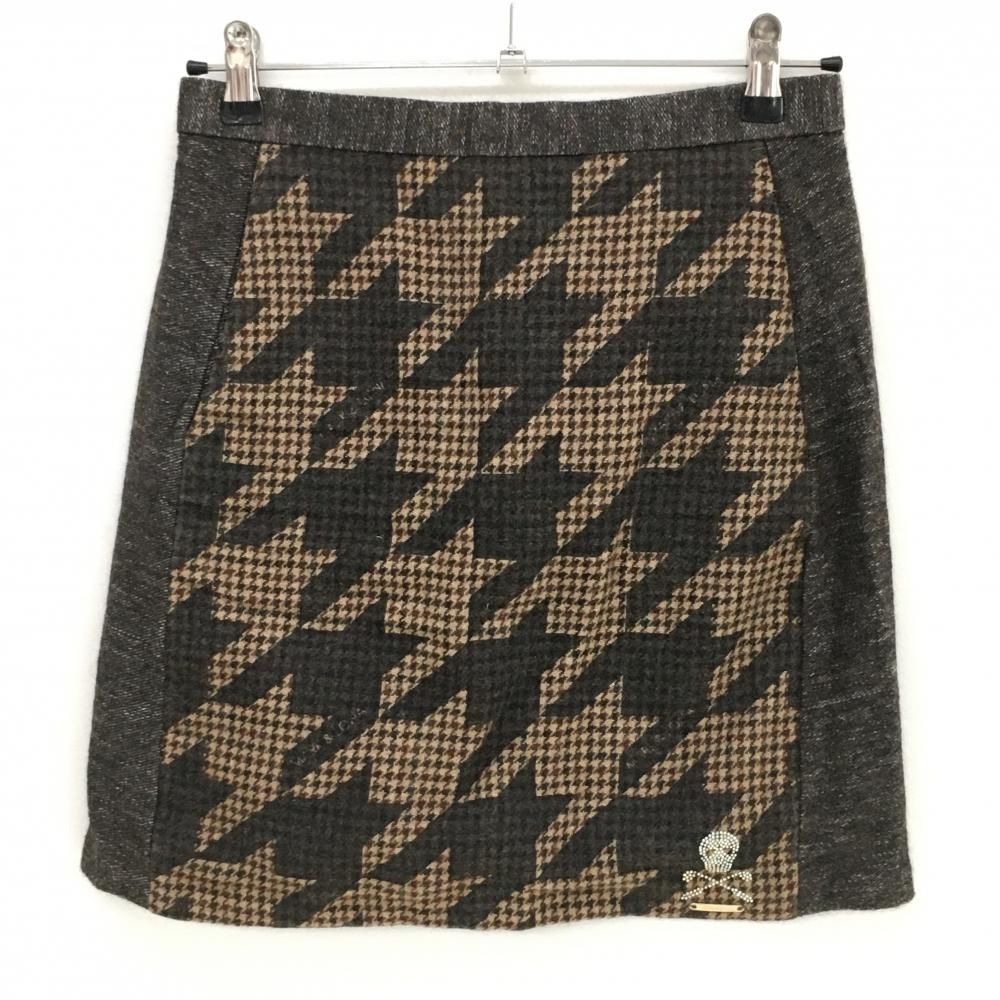 マークアンドロナ ニットスカートベージュ×ブラウン 前面千鳥格子 ウール混 レディース M ゴルフウェア MARK＆LONA