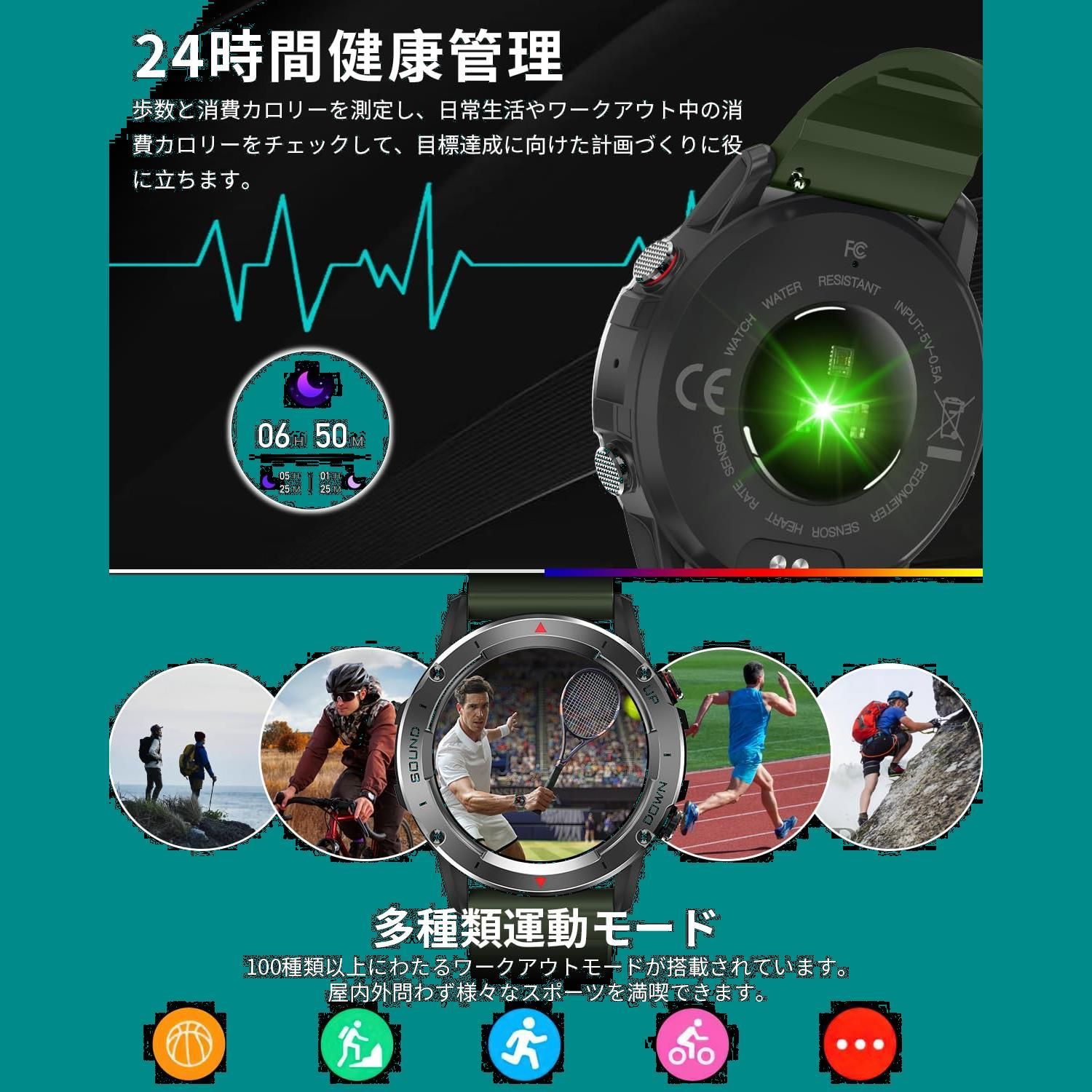 スマートウォッチ【2024新登場 軍用規格】Bluetooth5.3通話機能付き 