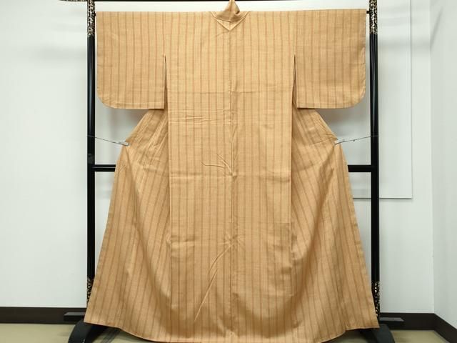 平和屋本店■極上　本場結城紬　重要無形文化財　胴抜き仕立て　間道　丁字染色地　縞：桑染　証紙付き　逸品　未使用　CZAA3154s5 平和屋本店□極上 本場結城紬 重要無形文化財 胴抜き仕立て 間道 丁字