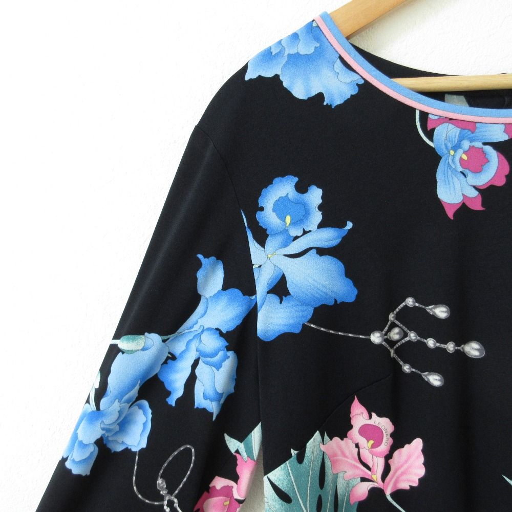  LEONARD レオナール フラワープリント カンカンストレッチ カットソー ブラウス サイズ42 マルチ レディース 古着 五分袖 七分袖 Tシャツ カットソー