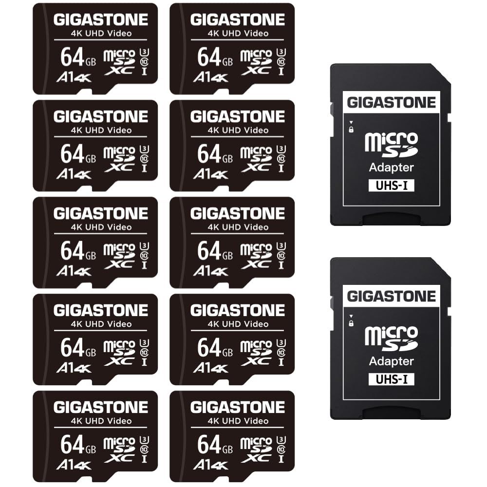 GIGASTONE マイクロsdカード 64GB 10個セット SDアダプタ付き 4K UHD ビデオ 撮影 90MB|S MicroSDXC UHS-I A1 U3 C10