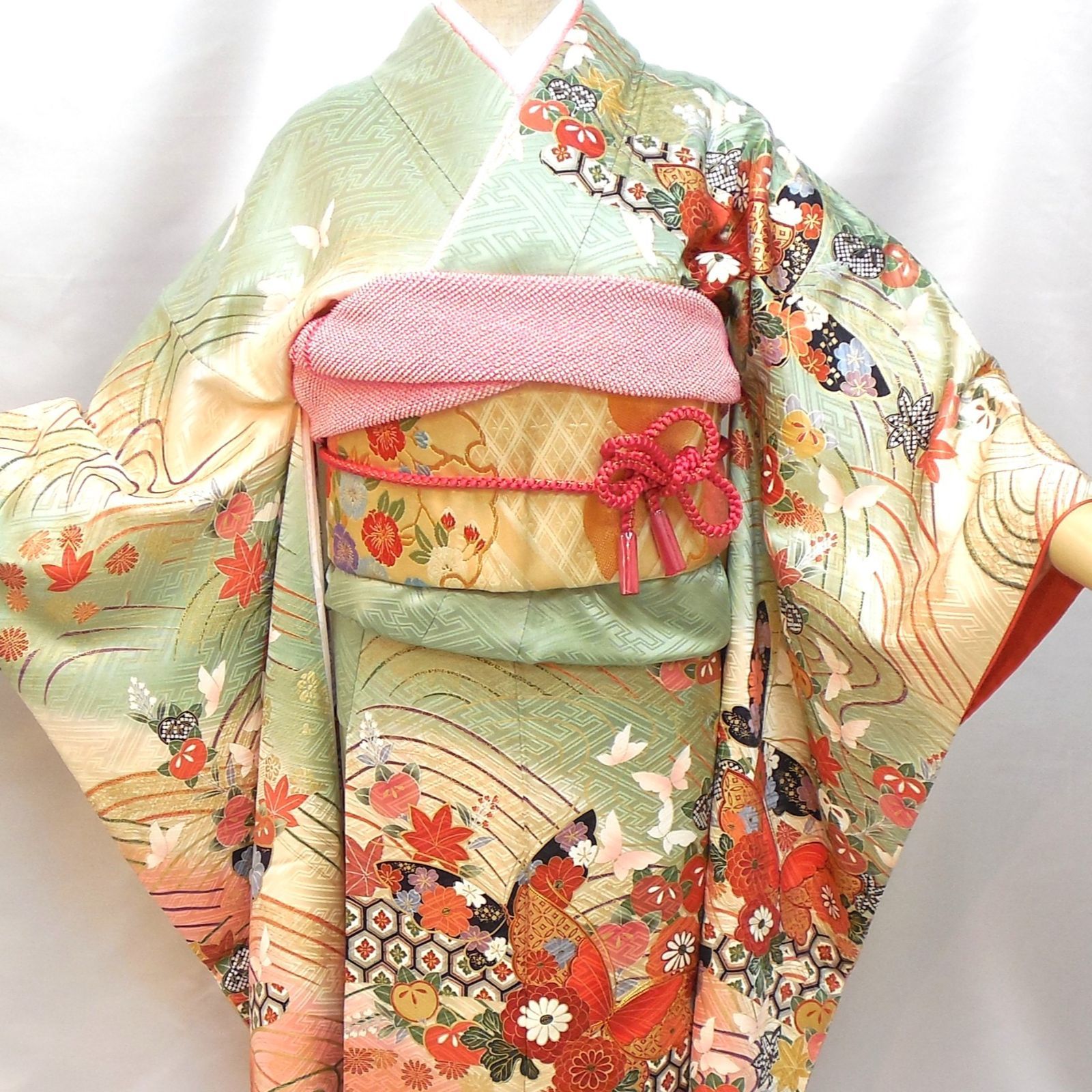 美品 高級　正絹　振袖 フルセット 美おり】振袖 正絹 振袖フルセット 7点セット 成人式 セミ