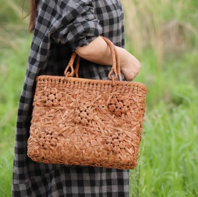 六角花結び編み 山葡萄 かごバッグ 職人手編み 手提げ 内布付き 山葡萄