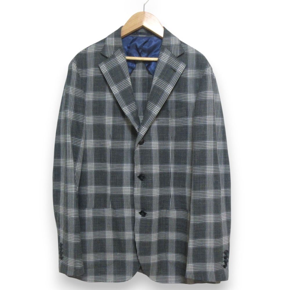 美品 BARBA バルバ シルク×リネンブレンド チェック柄 シングル テーラードジャケット 52 グリーン系 メンズ 古着 中古 USED