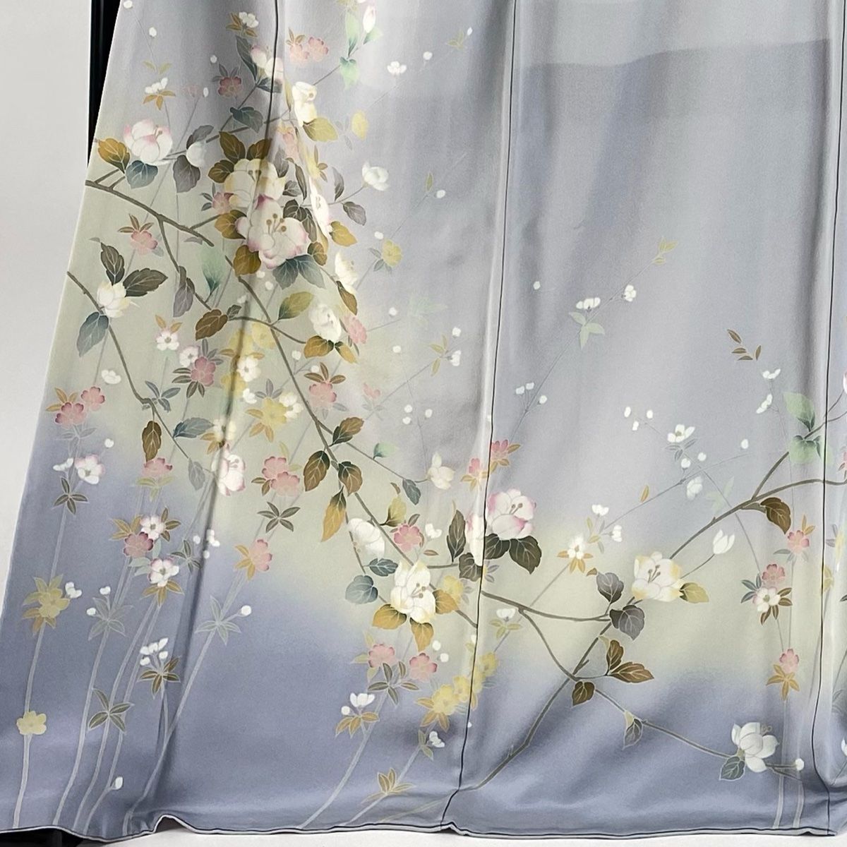 訪問着 身丈172cm 裄丈71.5cm L 袷 やまと 落款 枝花 草花 染め分け ぼかし 青灰色 正絹 秀品