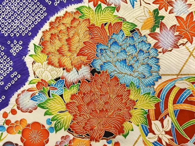 豪華振袖　駒刺繍　絞り　花筏文　正絹　逸品 平和屋着物□豪華振袖 駒刺繍 絞り 流水花文 金彩 正絹 逸品