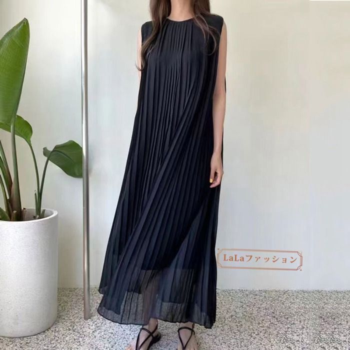 ワンピース ノースリーブ プリーツ ロングワンピース 夏