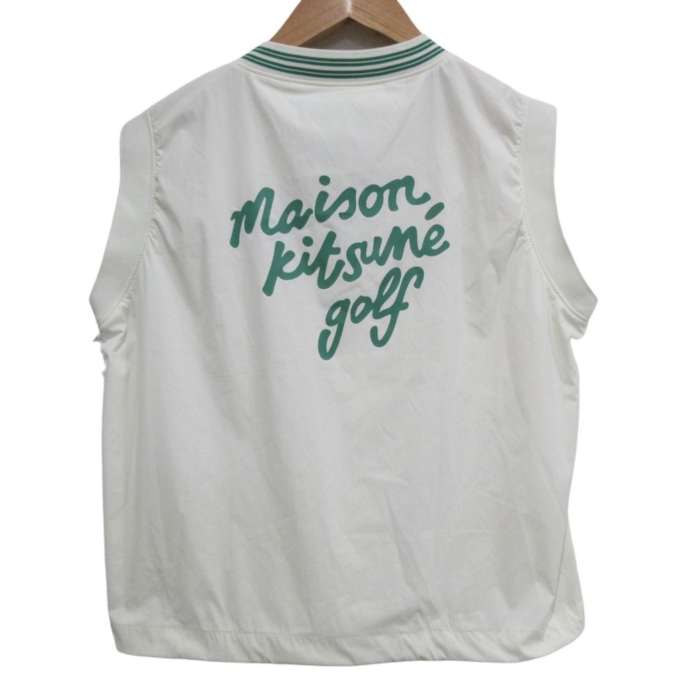 美品 MAISON KITSUN〓 GOLF メゾンキツネゴルフ ノースリーブ リブニット ポロシャツ カットソー M オフホワイト×グリーン レディース 古着 中古 MAISON KITSUNE 美品 KITSUN〓 GOLF メゾンキツネゴルフ