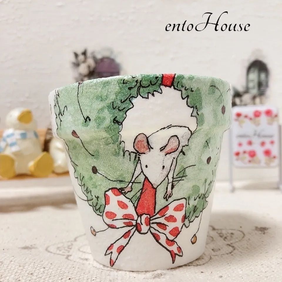 BN-26〗リメイク鉢♡デコパージュ♡《中》ねずみとリース - メルカリ 