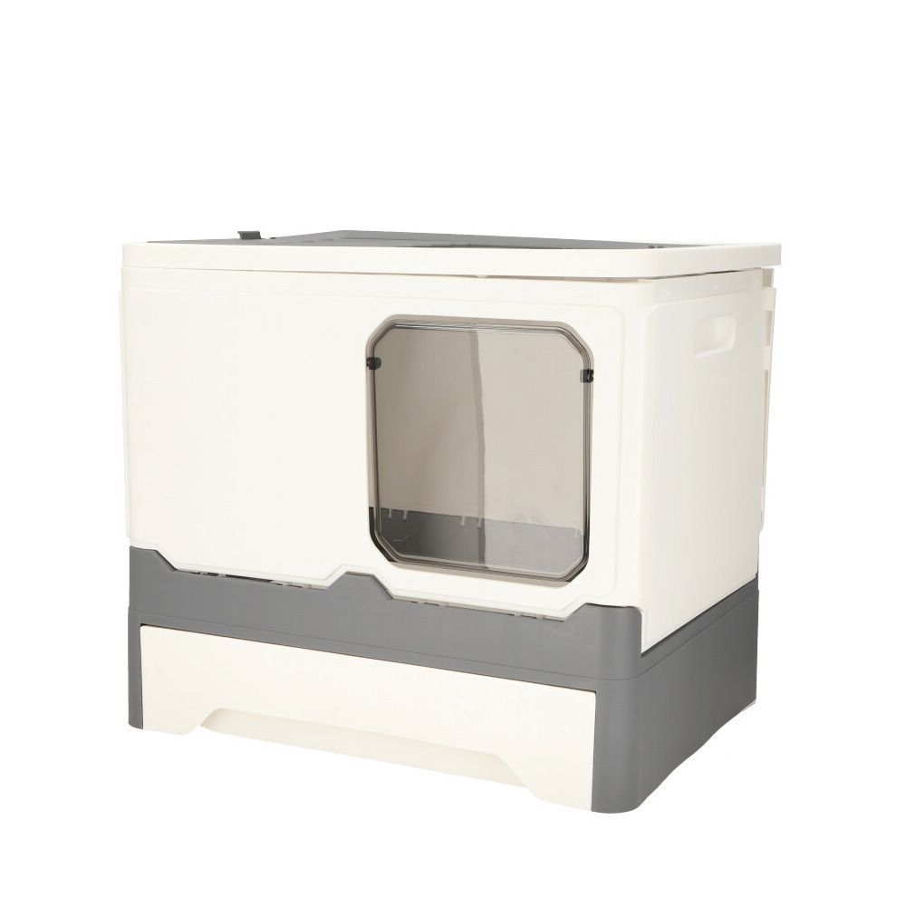 グレー×ホワイト 猫トイレ pmycat002 猫 猫用 トイレ カバー トイレ容器 トイレ本体 猫トイレ ネコトイレ トイレボックス ペットトイレ トイレタリー 組み立て 組立 ねこ ネコ 大型 大容量 大きめ スコップ付き 窓 飛び散りにくい