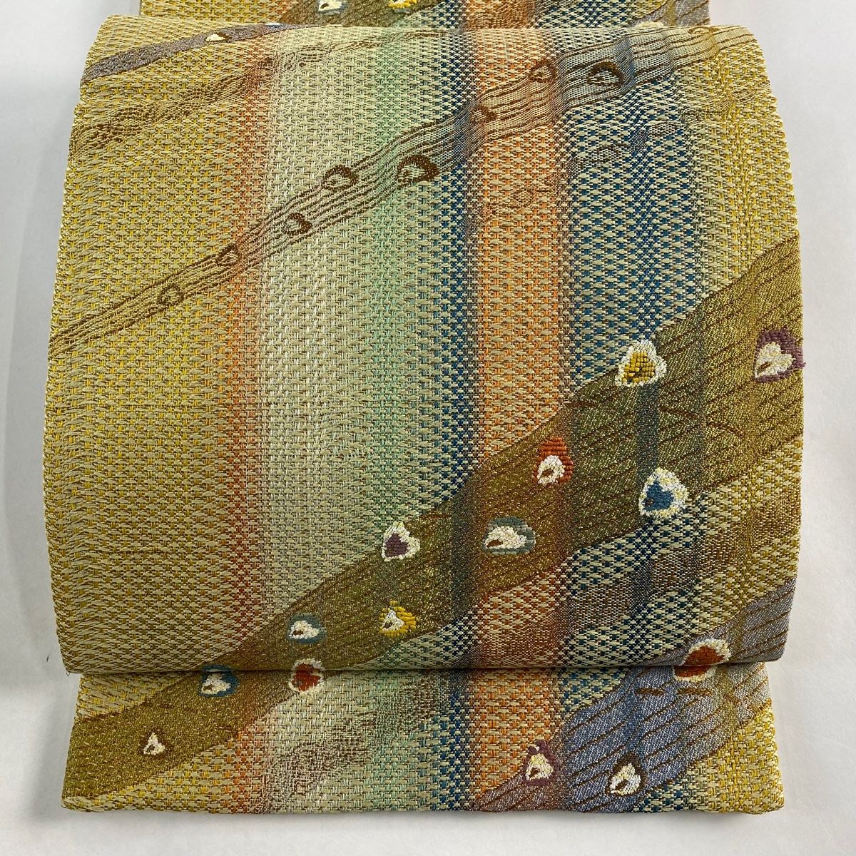 袋帯 名品 幾何学 縞 金糸 刺繍 黄緑色 六通 正絹
