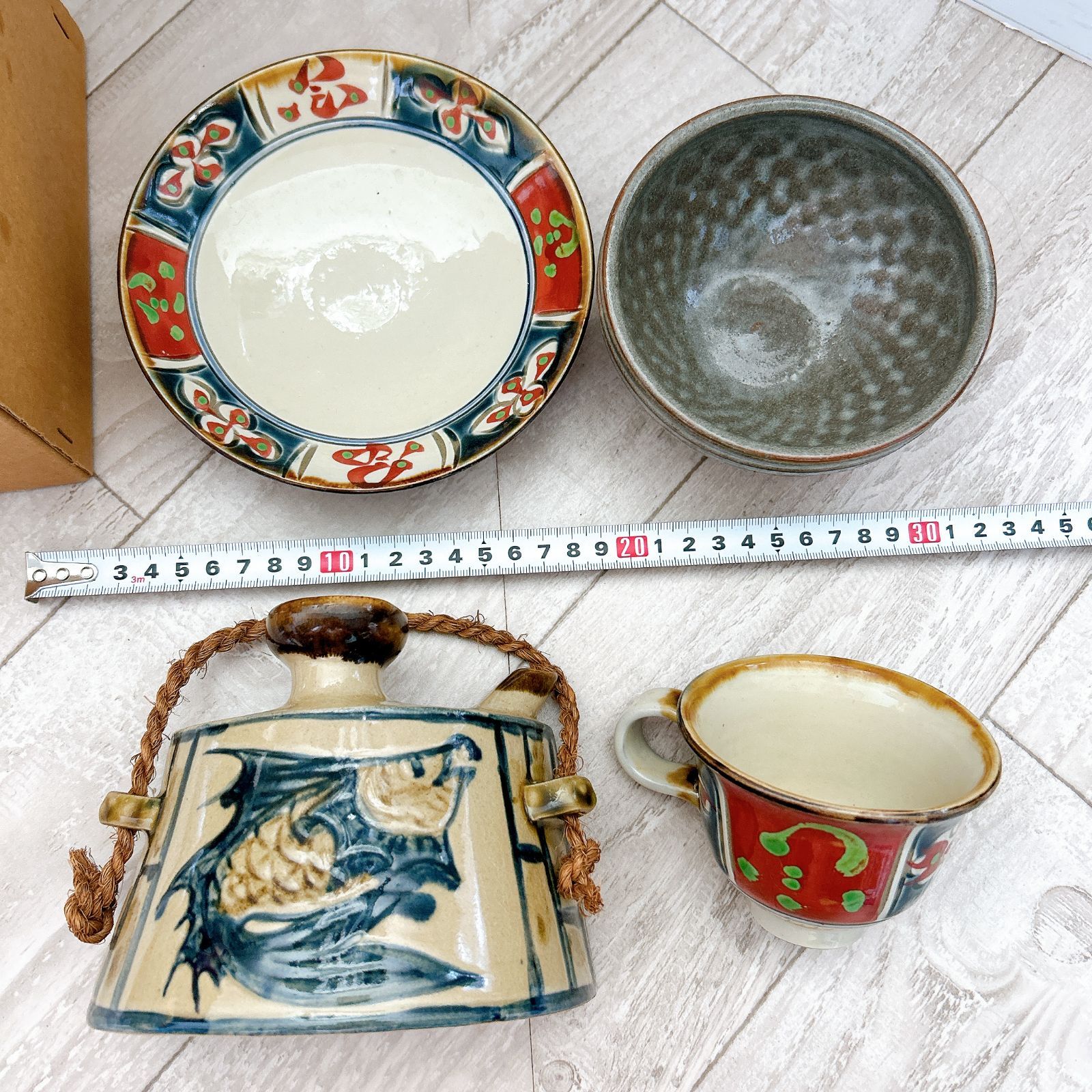 沖縄 やちむん カップ＆ソーサー 赤絵 國場一 琉球焼 抱瓶 刻印