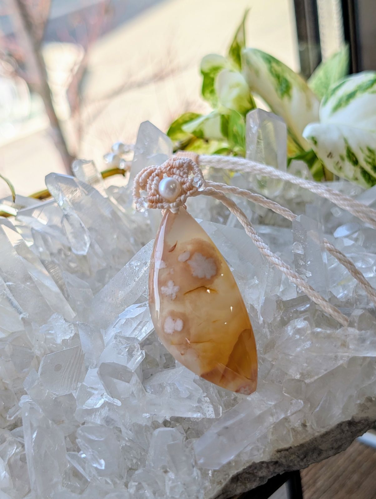 ☆チェリーブロッサムアゲート・桜瑪瑙☆マクラメ編みネックレス C 306