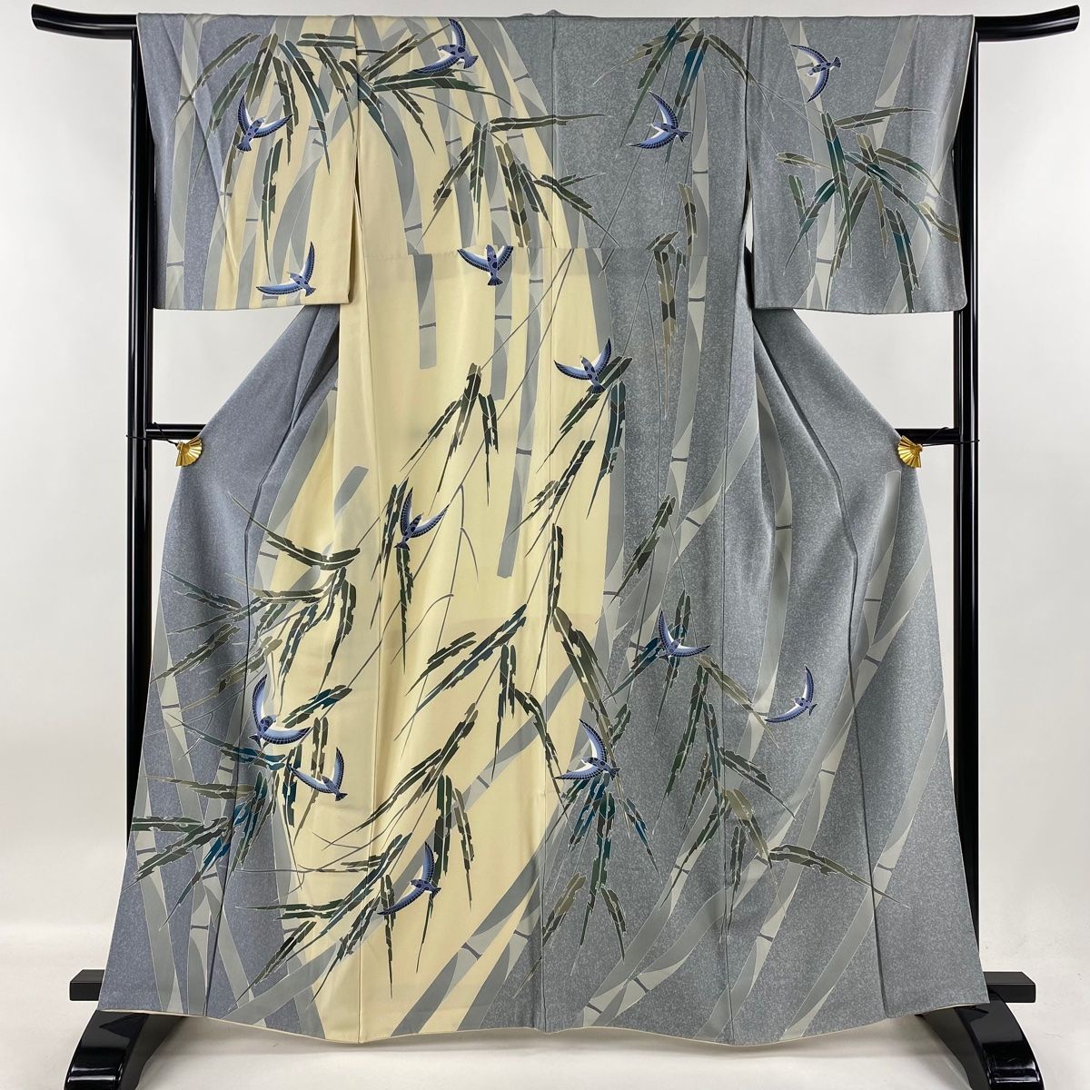 訪問着 身丈163.5cm 裄丈65cm M 袷 竹 鳥 青灰色 正絹