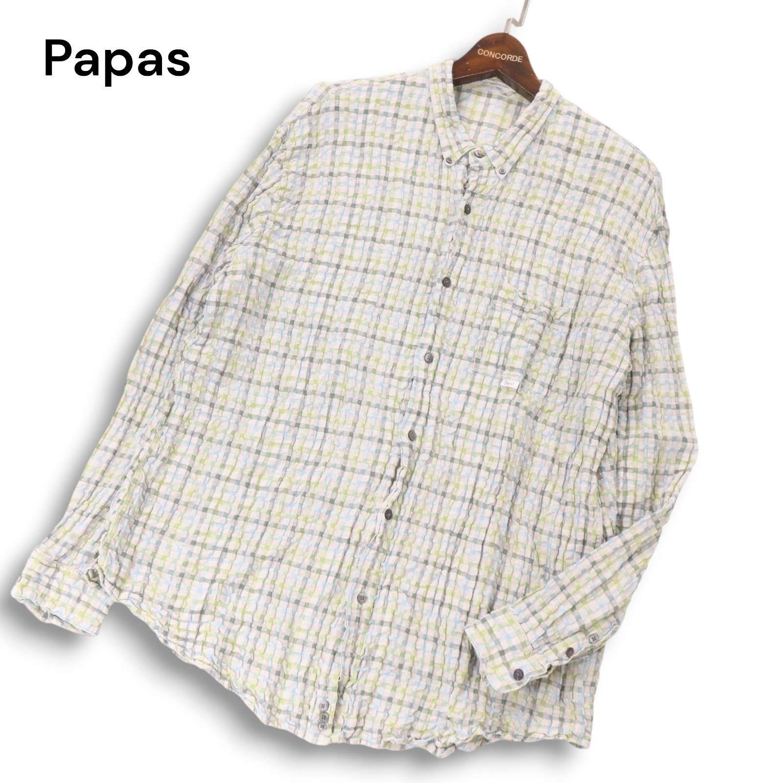 ★リネン100％★ PAPAS＋ 長袖シャツ ボタンダウン 日本製 生成り L PAPAS パパス リネン100% ボタンダウン 長袖シャツ 48 M/ピンク