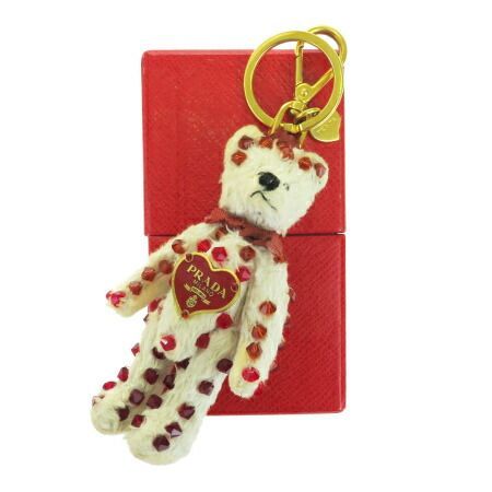 【】 プラダ PRADA バッグチャーム キーホルダー クマ ホワイト ゴールド レッド フェイクファー メタル プラスチック 保存箱 04BE990