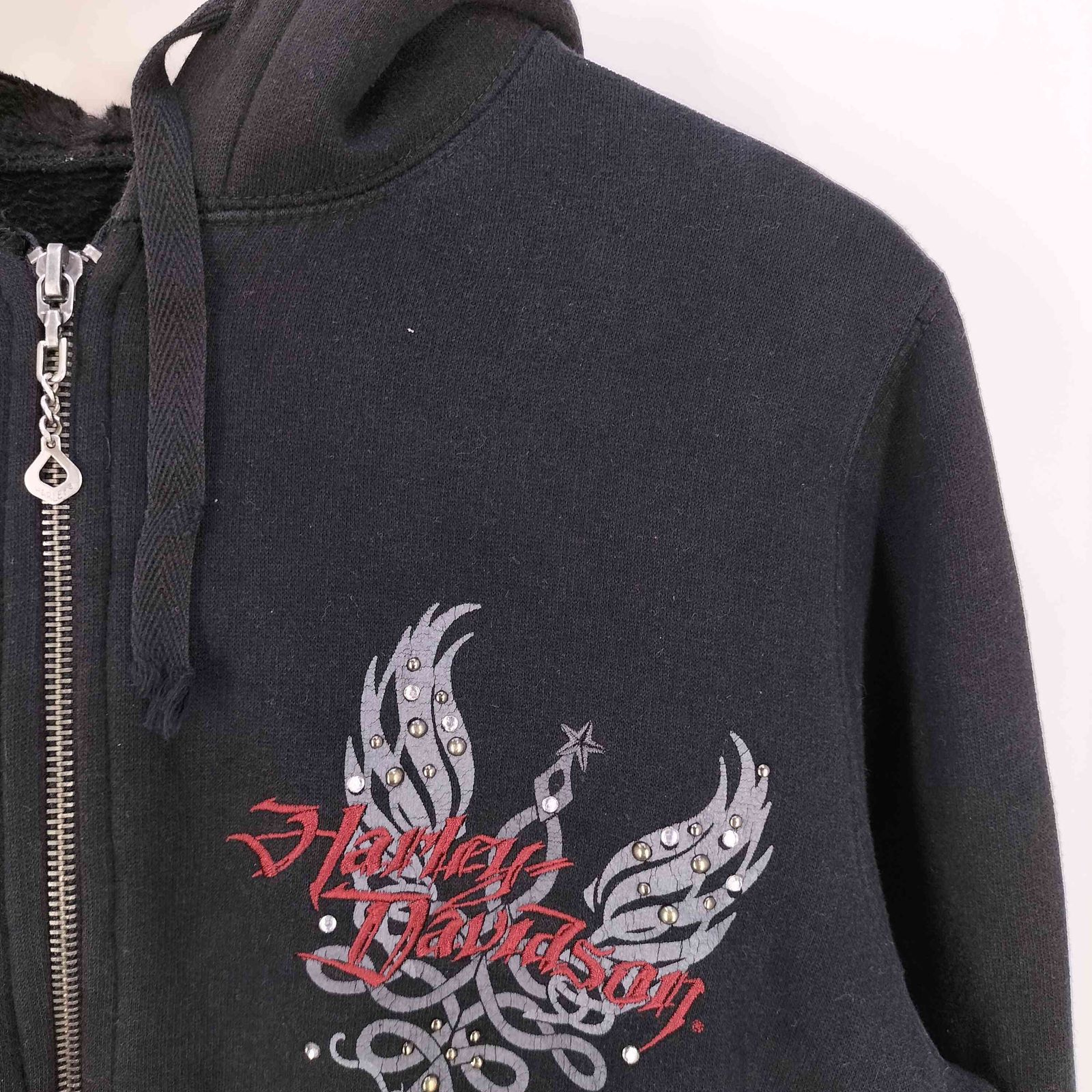 harley-davidson パーカー ラインストーン スエード ハーレーダビッドソン HARLEY-DAVIDSON フード裏ボア 両面 刺繍