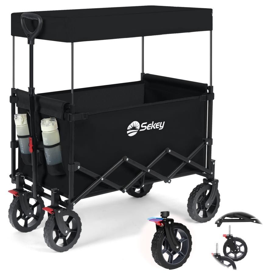 Sekey キャリーワゴン屋根付き タイヤ外せる　折畳んで移動可能 大容量150L 耐荷重100kg 軽量 簡単組立 ワンタッチ収束 静音 アウトドアワゴン キャンプ・花見・運動会 ブラック