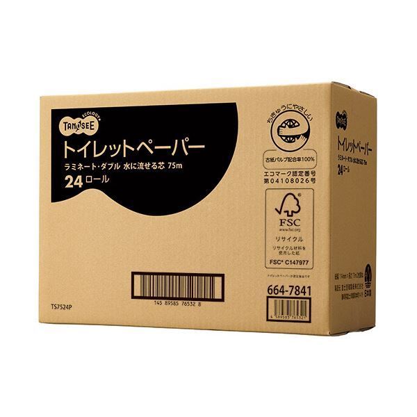 キッチン・食器 （まとめ）TANOSEE トイレットペーパー水に流せる芯 ダブル 75m 1ケース(24ロール：6ロール×4パック)【×3セット】