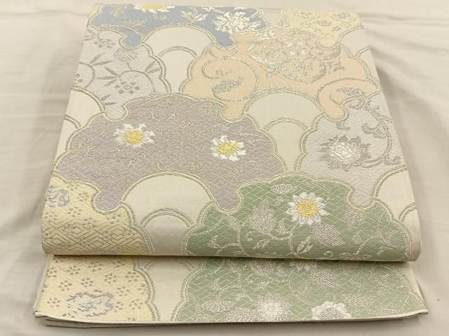 平和屋着物◎六通柄袋帯 唐織 雪輪花文 銀糸 正絹 逸品