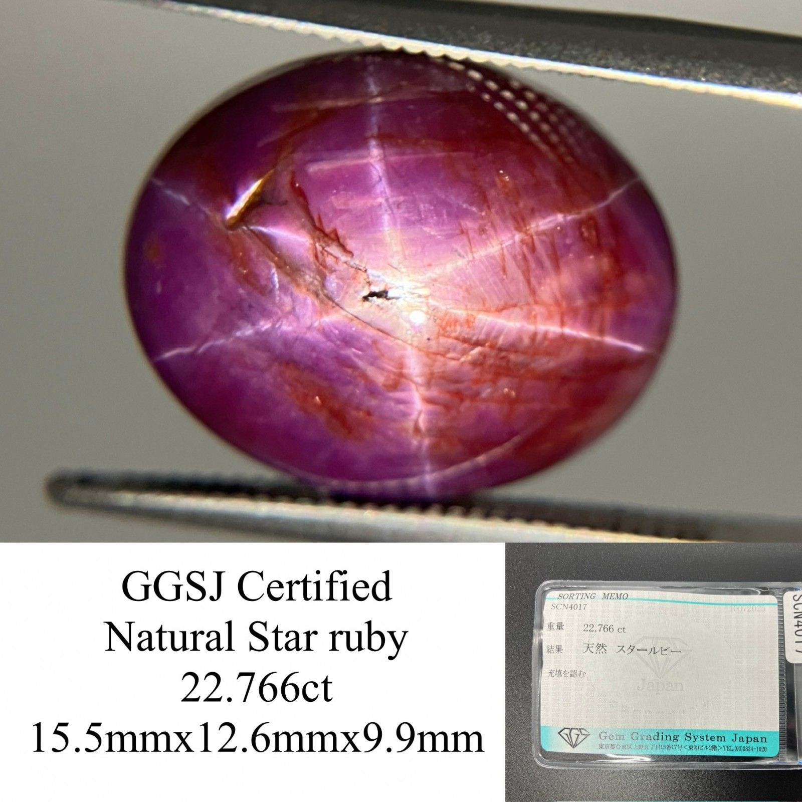 スタールビー 天然 22.766ct 宝石ソーティング付き 15.5㎜×12.6