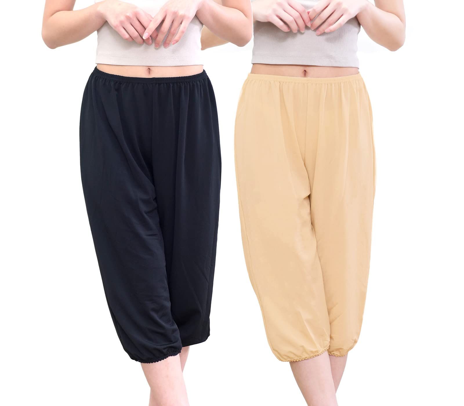 Laulea Akoakoa ブラック ＆ ベージュ L-LL レディース 女性 パンツ ペチコート ペチパンツ 7分丈 インナー 無地 裾ゴム 透け防止 下着 透けないタップパンツ 大きいタップパンツ タップパンツセッ