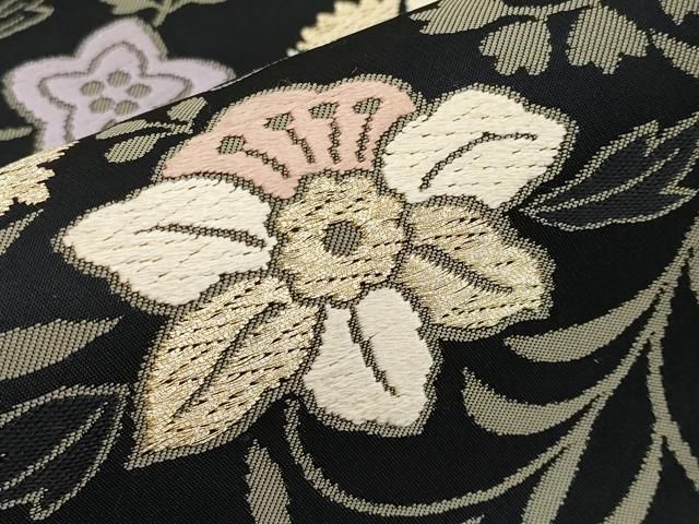 平和屋本店□極上 九寸開き名古屋帯 唐織 花唐草文 黒地 金糸