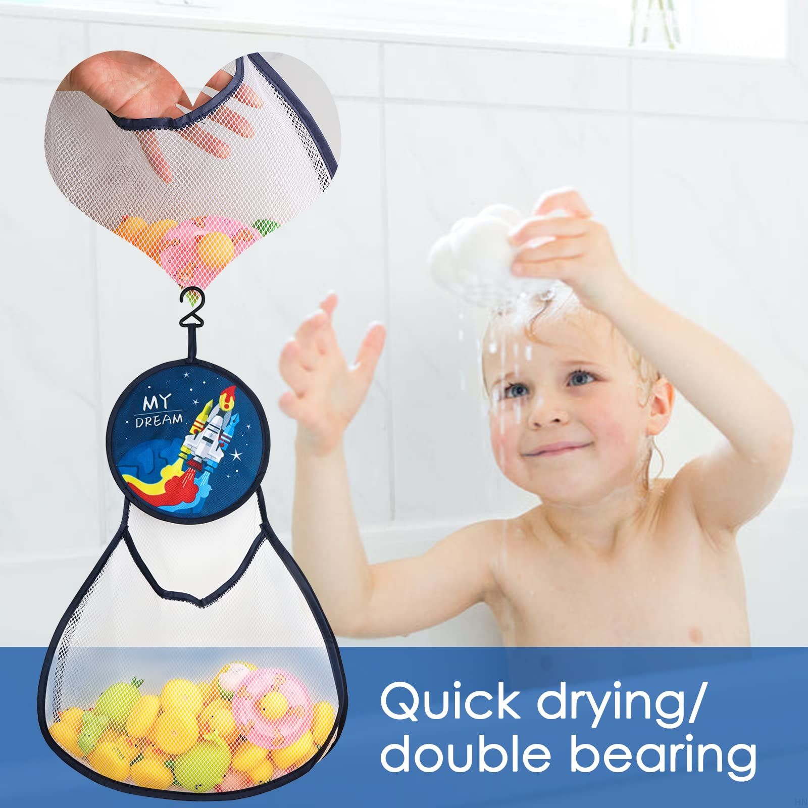 数量 Linkidea 2パックバスルームハンギングトイ収納バッグ キッズ幼児バスタブトイホルダーフック付き 大容量バストイメッシュバッグ ロケット ゼブラ