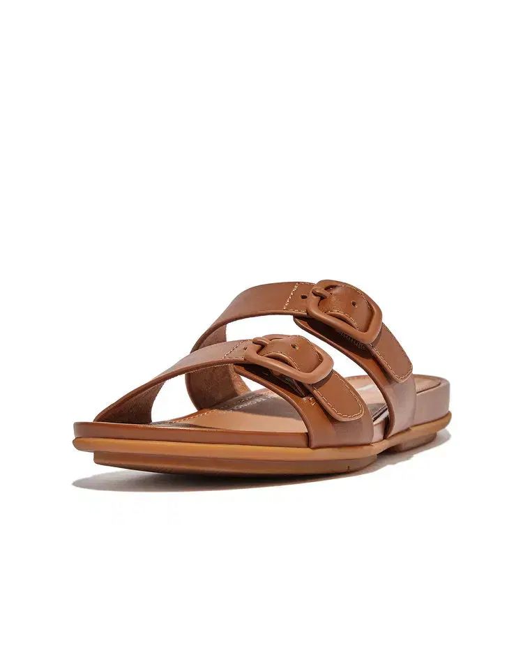 fitflop ブラウン スライドサンダル F-MODE レザーツイスト フラットフォーム スライド｜fitflo