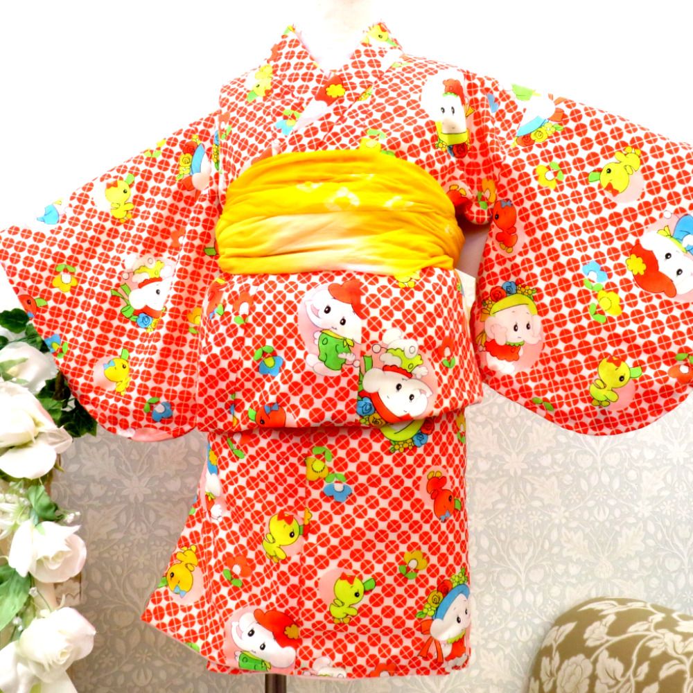 子供着物 レトロ 子供用 子象 小鳥 ウール アンサンブル ネル裏  綿入 袷 袖なし上着＆着物＆兵児帯セット 白 オレンジ 多色 ベビー