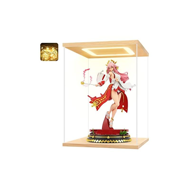 アクリルケース フィギュアケース ディスプレイケース コレクションケース 陳列ケース 人形ケース 透明アクリル プラモデル 壁掛け 飾り用 展示用 (LED+木制, 24*24*32cm）