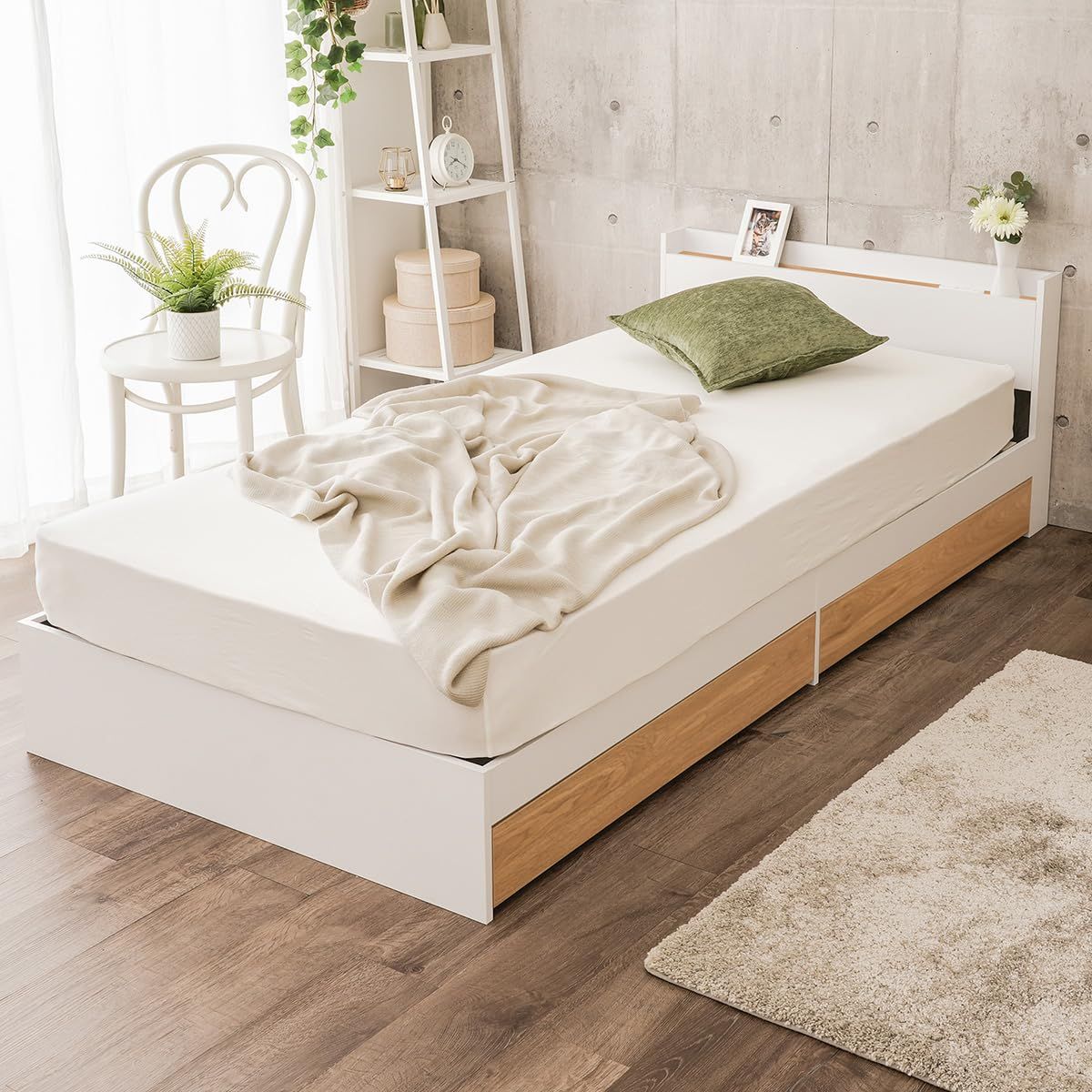 NEO CRASY 収納ベッド シングル ホワイト×ナチュラル 宮付き コンセント すのこ 木製