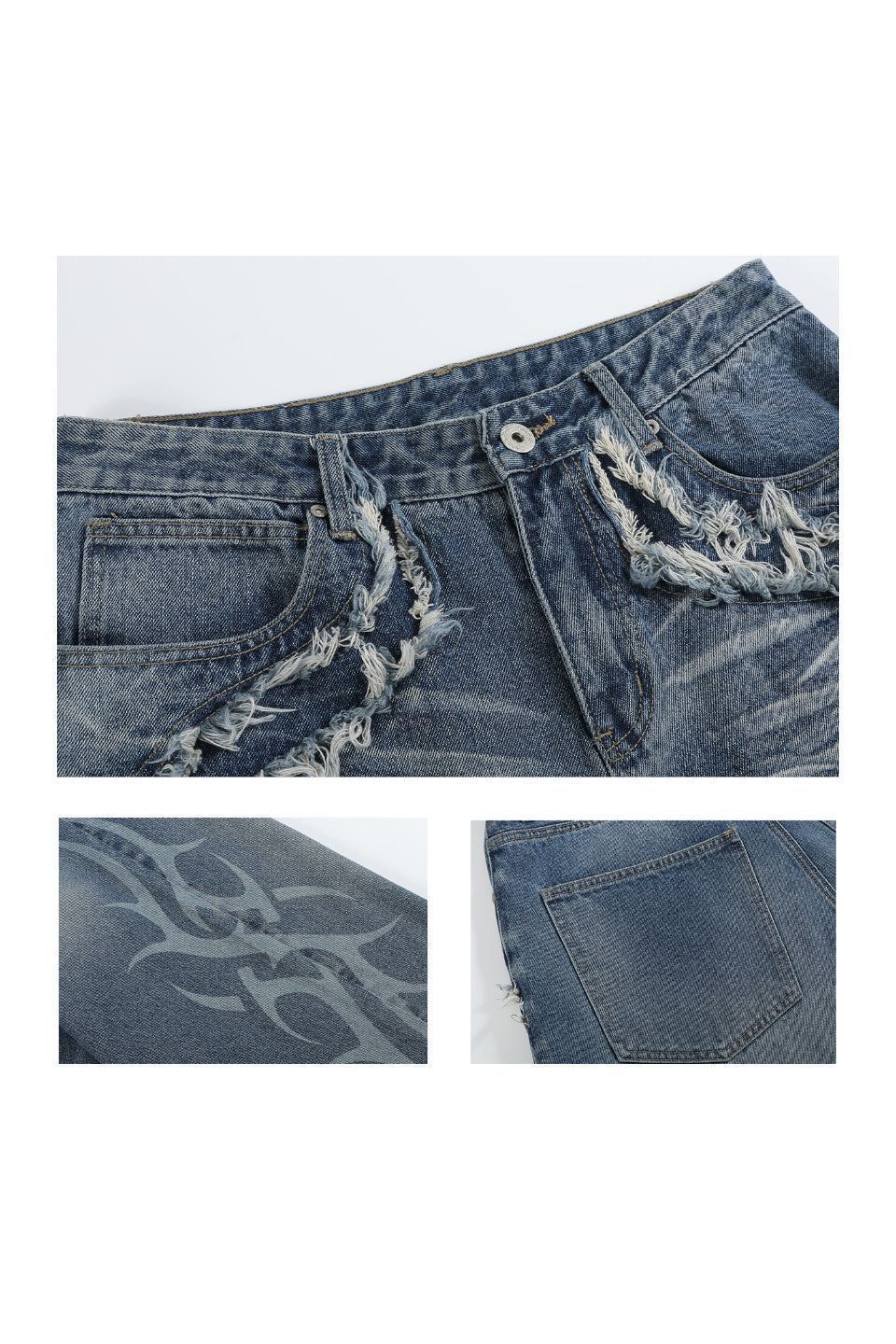 NO E MOSEN Blue Washed Baggy Jeans】ユニークなトライバルデザインと 
