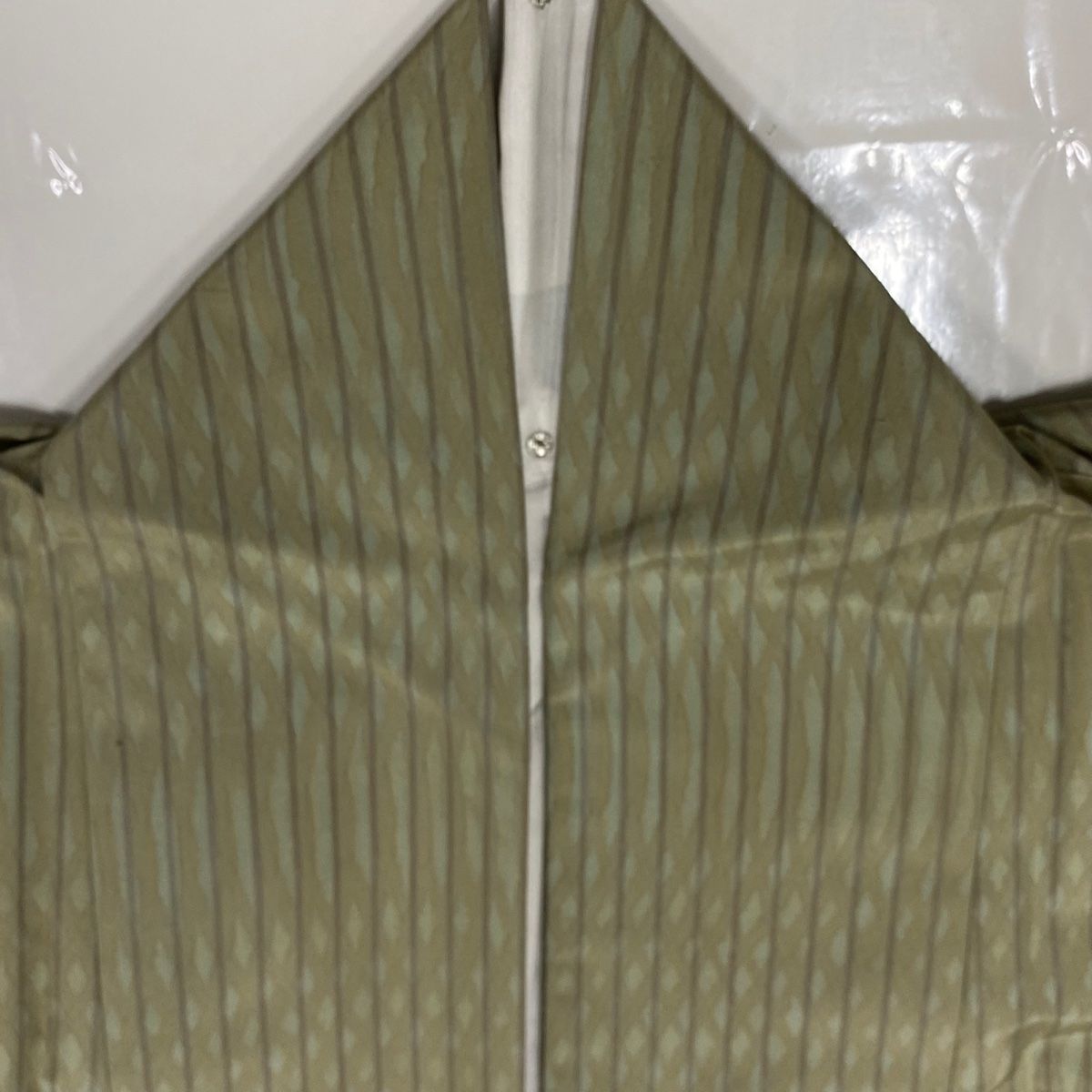 小紋 身丈151cm 裄丈63.5cm S 袷 紬地 縞 幾何学 灰緑 正絹 美品 名品  