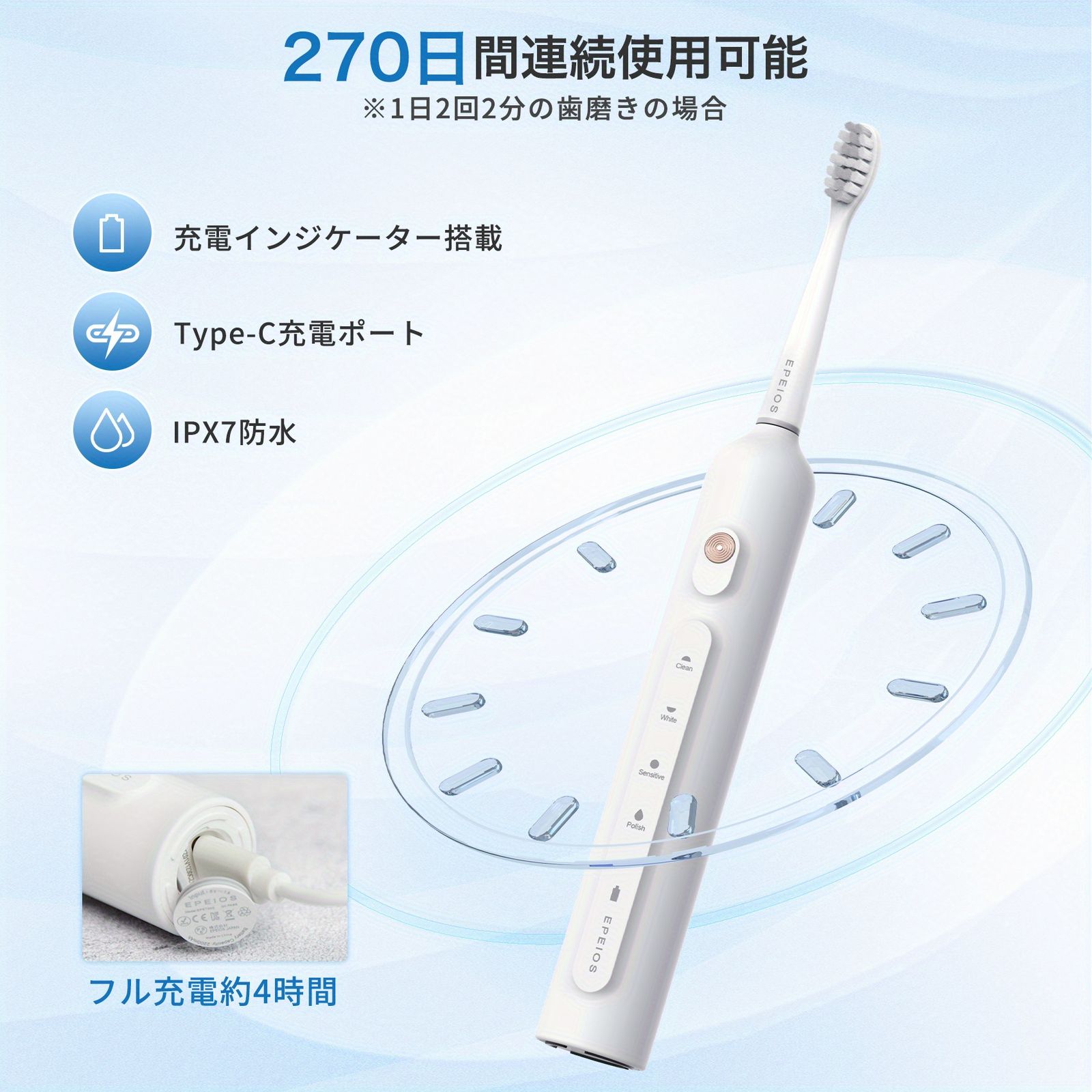 歯科医師推薦 音波式電動歯ブラシ Type-C充電式 270日間使用 4時間急速充電 IPX7防水 替えブラシ2本付き ギフトにも最適