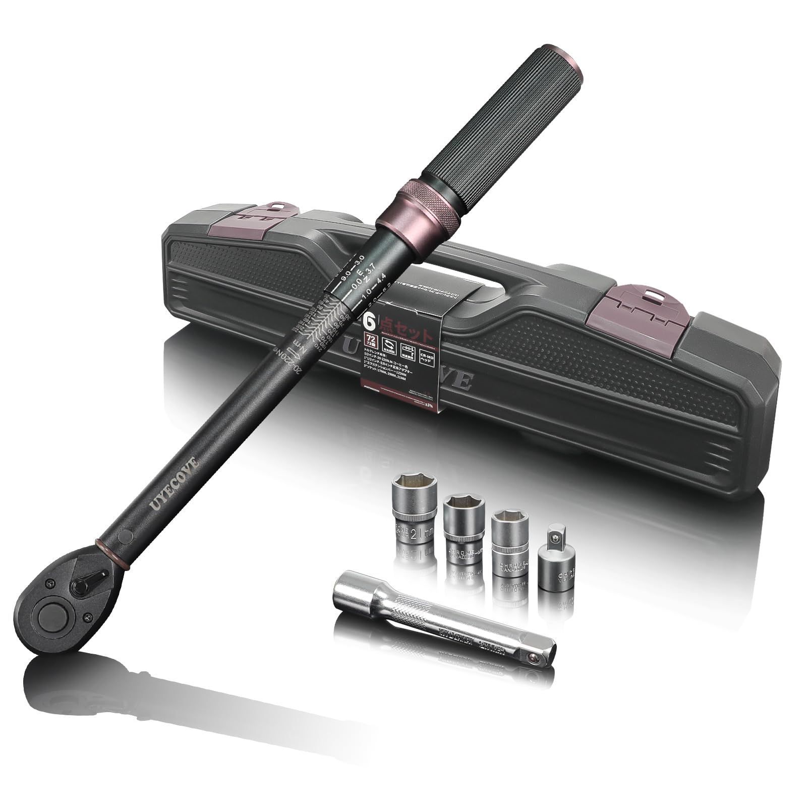 UYECOVEトルクレンチセット 車 タイヤ交換 プレセット型 差込角12.7 mm 1|2インチ 20-220N.m 6点組 バイク 自動車 エンジン 機械の整備 高精度 ±3％ ダブル目盛り左右回転 短い72ギア 5°送り角 快速着脱小型収納ケース付き