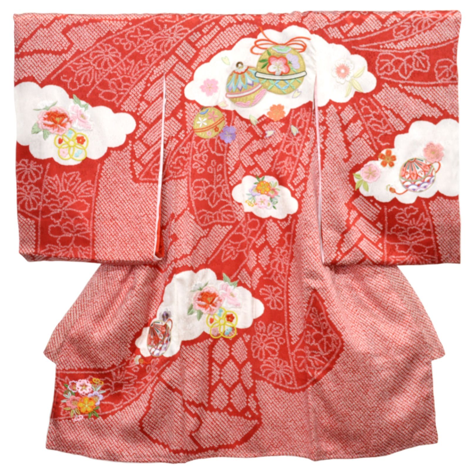 女の子 お宮参り 熨斗目 正絹 仕立て上がり 長襦袢付き 鞠 桜 刺繍 子ども 新生児 お祝い着 ベビードレス 着物 のしめ 絞り 匿名配送