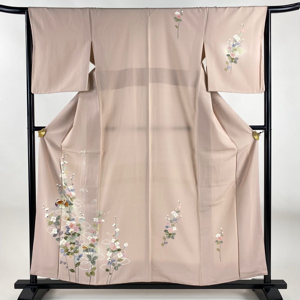 訪問着 身丈156.5cm 裄丈64cm M 袷 枝花 鴛鴦 ぼかし 薄ピンク 正絹 秀品