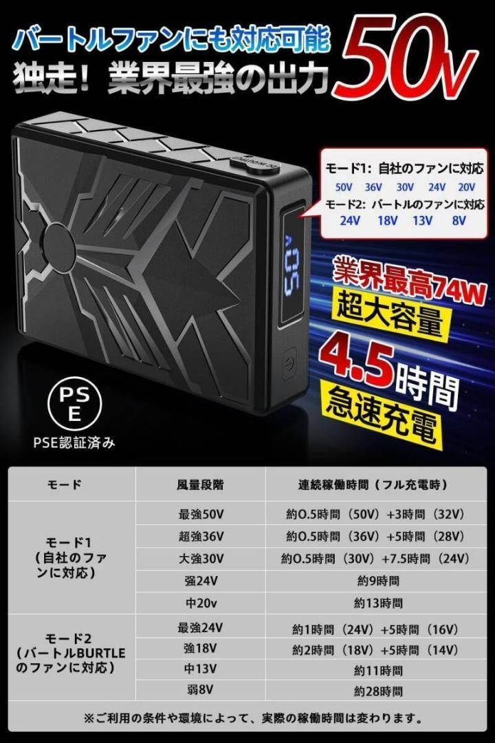 新品 50V 24000mAh ファンバッテリー 風神服 バートル 使用可 節電 新品未使用】50V 24000mAh ファンバッテリーセット バートル