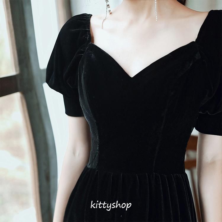 新品 イブニングドレス 黒 ベロア ロング 結婚式 二次会 パーティー  