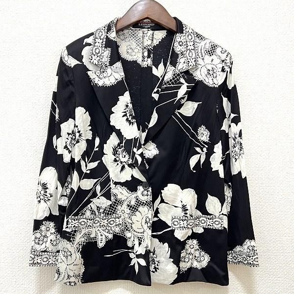 anc レオナール LEONARD ジャケット M 黒 白 花柄 薄手 レディース