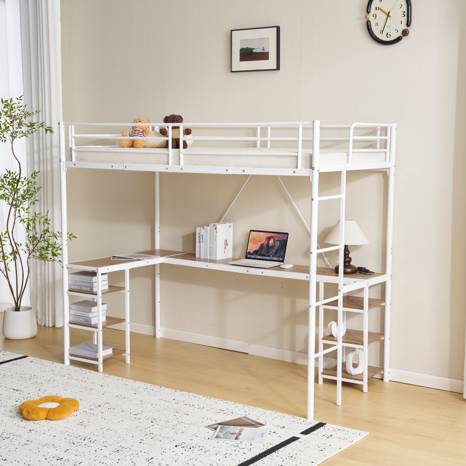 北欧風 システムベット 宮棚　ロフトベッド シングル コンセント付き White ホワイト】システムベット 宮棚 ロフトベッド シングル コンセント付き