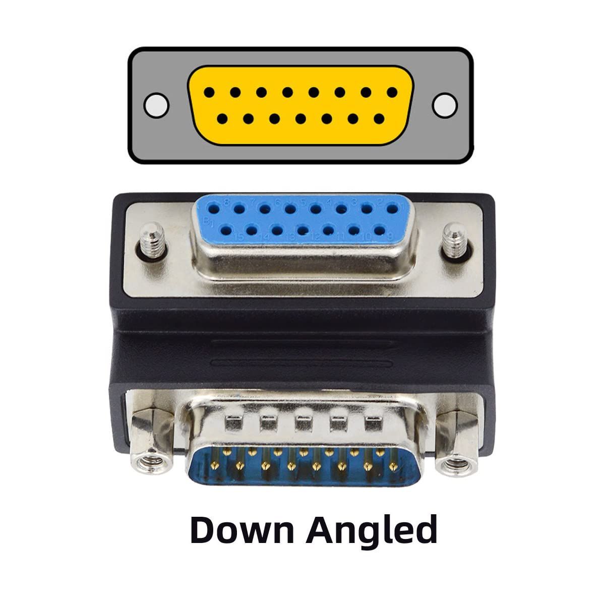 cablecc 15ピン DBコネクタ DSUB RS 232 D-subMiniature オスナットからメスネジダウン 90度角度延長アダプター