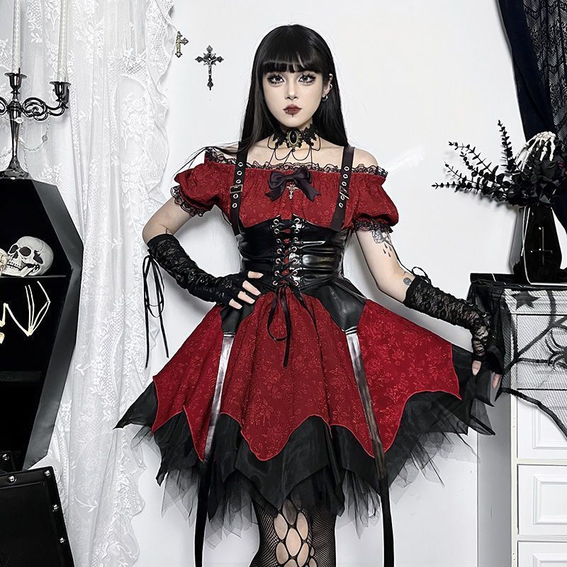 ダークゴシック風 蕾絲切替デザイン オフショルダーAラインワンピース ハロウィン仮装衣装 2点セット 束腰付き 高品質デザイン 魅力的なスタイル 撮影会 舞台衣装 イベント用にも最適 暗黒 ゴシック 仮装