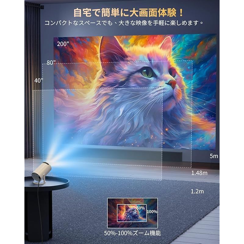 Billos プロジェクター 小型 270°回転 超軽量465g 4K対応 天井投影 プロジェクター 家庭用 16000LM高輝度 ホームプロジェクター 50％ズーム機能 5GWIFI Bluetooth5.3 スタンド一体型 内蔵HiFiスピーカー 0 MEBLE-SODAR_PL